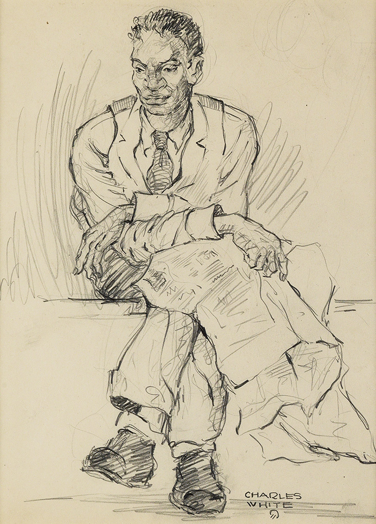 CHARLES WHITE (1918 - 1979) Untitled (Man With Newspaper and Crossed Legs).